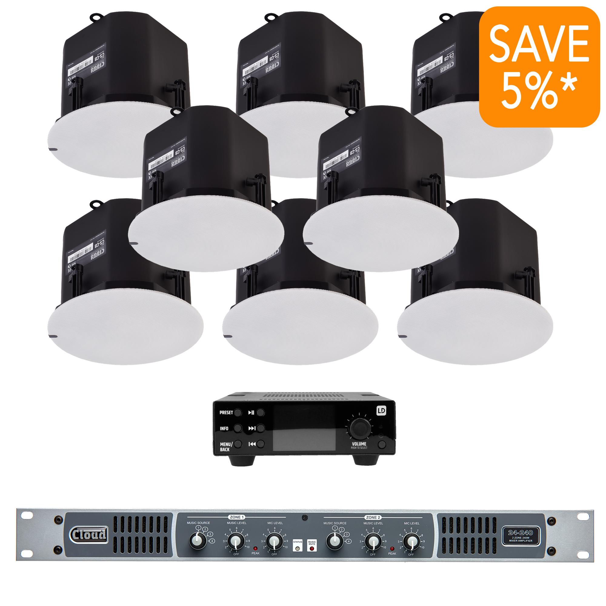 CAS Pack8C2ZonePro System Package is Also Available with 8 x 8" Bass Reflex White Ceiling Speakers & Music Streamer